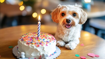 Dog birthday cake featuring a candle bone and confetti Banner design with space for custom text ideal for promotional purposes