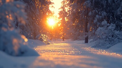 Winter solstice in a snow covered forest Scenic winter landscape featuring glittering snow and a low sun illuminating the tranquil surroundings