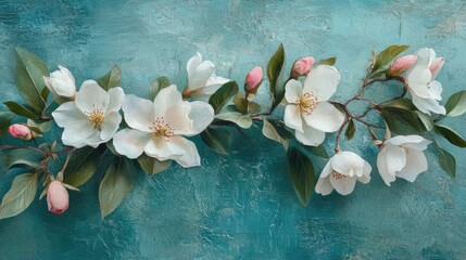 Soft white blooms with pink buds and lush green leaves set against a textured blue backdrop