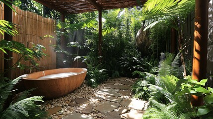 Wooden bathtub in a lush green garden with a stone walkway and a bamboo fence.