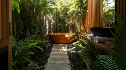 Sticker - Wooden bathtub in a lush, tropical bathroom with stone pathway and ferns.