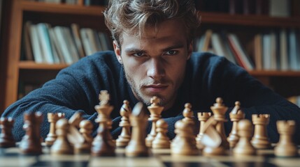 a young man immersed in a chess game indoors, focusing on strategy and decision-making as he competes in a mentally challenging and skillful competition