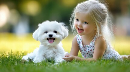 Young girl and fluffy white puppy playing joyfully together on a sunny day in a grassy park