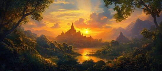 Wall Mural - Painting of a sunrise illuminating a valley with a historic temple seen in the background