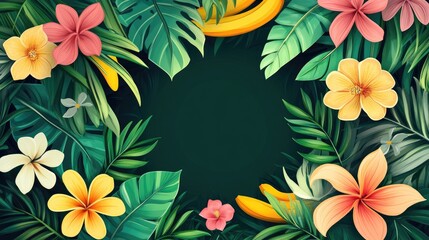 Tropical summer themed 2D cartoon greeting card featuring exotic flowers palm trees bananas and a circular frame of lush green monstera leaves