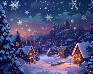 Fantasy Christmas backdrop featuring snowflakes and a winter scene illustrated in a 2D cartoon style