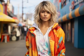 Poster - A woman in a yellow and orange jacket stands in front of a building