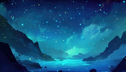 Wall Mural - light blue and green 2d cartoon template featuring a sky filled with stars decorative illustration w