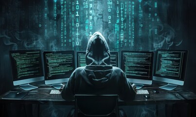 Hooded figure hacking multiple computers in a dark room filled with code screens.