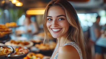 a joyful morning as a happy woman enjoys a buffet breakfast with her family in a hotel, the warmth of the buffet and the detailed dining experience enhancing the atmosphere of family togetherness