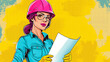 © ihalilyp - Pop art concept woman architect with hard pink helmet holding blueprint