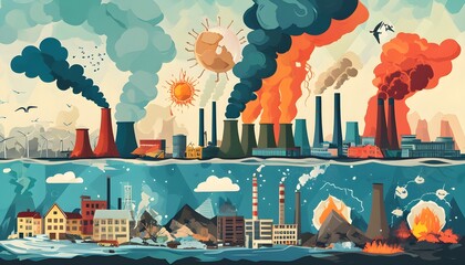 Impactful poster illustrating climate change effects and pollutions consequences on the planet