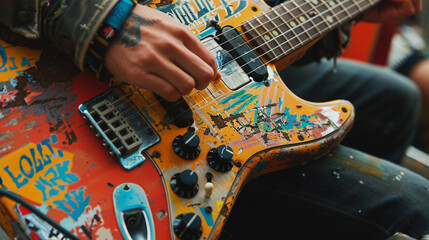 a medium close-up of hands holding an electric guitar with colorful stickers and wear marks, reflect