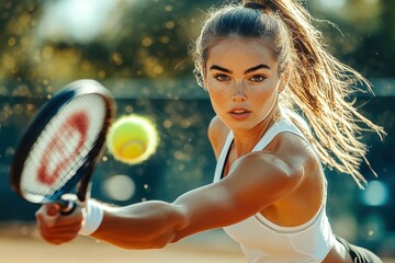 Young female tennis player preparing to hit ball on court