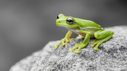 Striking Contrast of Vivid Green Tree Frog on Gray Rock | Color Pop Isolated on Monochrome Background