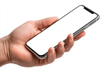 the left hand holds a transparent smartphone on a transparent background, the right hand holds no sm