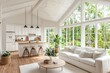 © typepng - Beautiful living room design in luxury home. Shows kitchen, dining room, wall of windows and beautiful exterior.