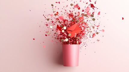 Wall Mural -   A pink vase holding red confetti on a pink surface with falling confetti