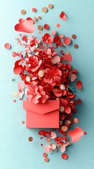 Wall Mural -   Red envelope with confetti surrounded on a light blue background