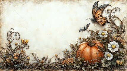 Wall Mural -   A butterfly flies over a pumpkin surrounded by daisies and wildflowers on a white background