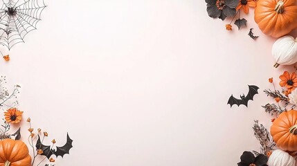 Wall Mural -   A white background with pumpkin leaves, spiderwebs, and spiderwebs on the bottom of the image