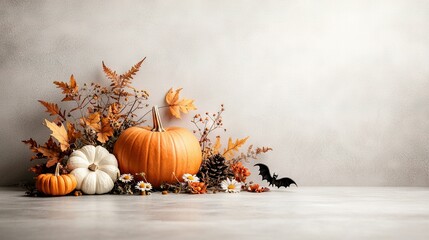 Wall Mural -   A group of pumpkins resting atop a table alongside flowers and a black feline