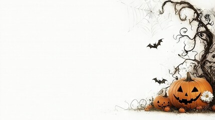 Wall Mural -  A collection of pumpkins perched atop hay bales adjacent to a bat-laden tree