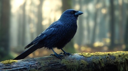 Poster - Black Crow Perched on a Branch in a Forest