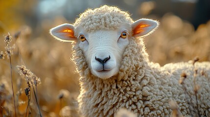 Poster - Close Up Portrait of a Fluffy Sheep in a Field