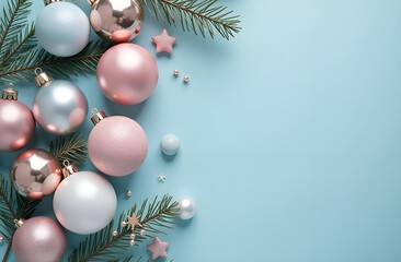 Wall Mural - blue christmas background with pink and blue ornaments, fir tree branch and stars. copy space on the
