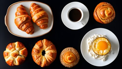 Wall Mural - Elegant breakfast spread with freshly baked croissants, buns, and a steaming cup of coffee against a sleek black backdrop