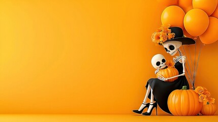 Wall Mural -   A woman in a black dress sits beside a skeleton atop a pumpkin, while another skeleton rests on the same pumpkin