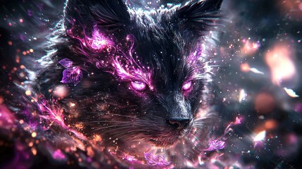 Wall Mural -   Close-up of a cat's face with glowing pink and purple eyes