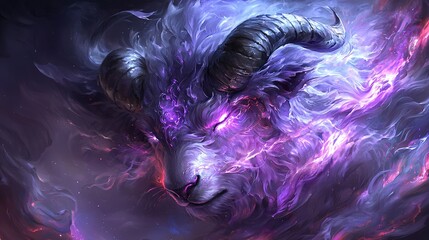 Wall Mural -   Horned animal with purple and pink flames on its face and horns in a dark background