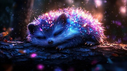 Wall Mural -   A hedgehog sleeping on a tree branch with head turned to the side and eyes closed in a close-up shot