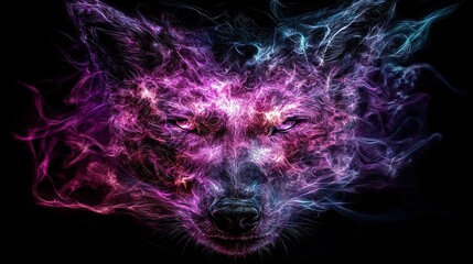 Wall Mural -   A detailed image of a wolf's face with colorful smoke emanating from its eyes