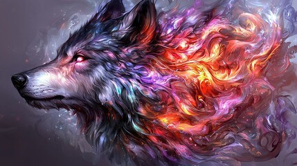 Wall Mural -   A close-up of a wolf's head with vibrant colors on its face and piercing eyes