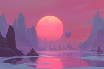 Wall Mural - background concept art for a futuristic cyberpunk metaverse city.