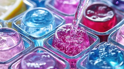 Wall Mural -   Close-up image of colorful liquids in a tray with lemons in the backdrop