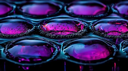   A macro image of purple and black bubbles with water droplets below them