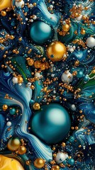 Wall Mural -   A painting featuring blue, yellow, and white bubbles on a blue-yellow background, adorned with gold dots