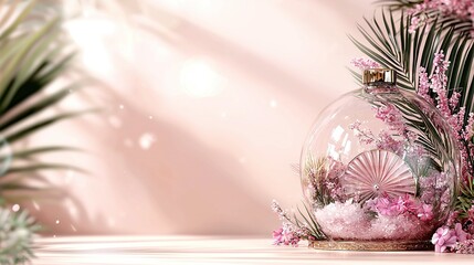 Wall Mural -   A pink vase holding flowers sits atop the table, surrounded by a palm leaf and wallpaper