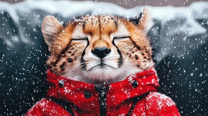 Canvas Print -   A close-up of a cheetah wearing a red coat, its eyes closed