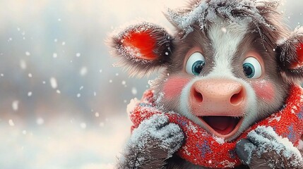   A close-up of a stuffed animal covered in snow on its face and wearing a scarf around its neck