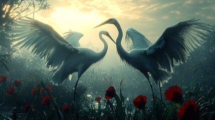 Wall Mural - Two White Cranes Dancing in a Misty Sunrise