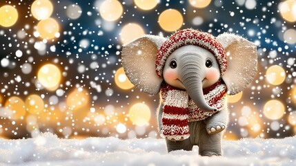 Wall Mural -   An elephant with a red and white scarf and hat stands in snow