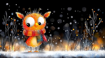 Wall Mural -   An orange bird with a scarf in snow stands in a painting