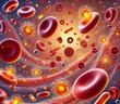 © Rattanachat - **Vitamins attached to blood cells**: The image would depict red blood cells floating in the bloodstream, with vitamin molecules like vitamin B or D attached to the surface of the cells or bound