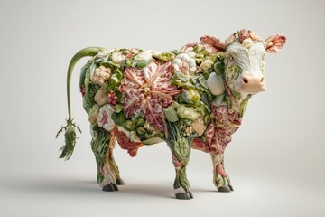 Wall Mural - The image of the cow was created by Stock technology and is isolated against a background of raw vegetables