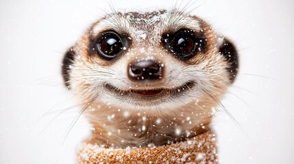   A meerkat's face in close-up with snow falling from its fur around its neck